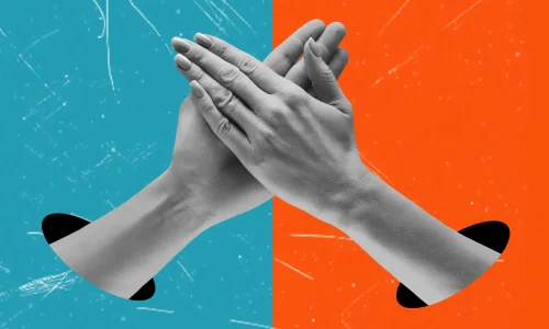 Art collage, holding women's hands on blue orange background. The concept of friendship and harmony.