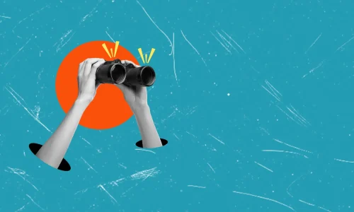 Contemporary artistic collage depicting hands holding binoculars against a blue background with space for text. The concept of planning and analytics.