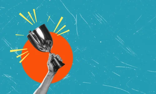 A contemporary artistic collage featuring a hand holding a trophy. The concept of victory and achievement.