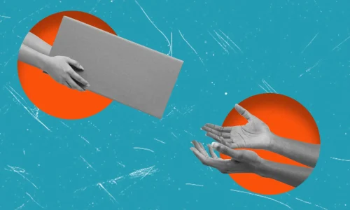 Delivery of package from hand to hand. Art collage.